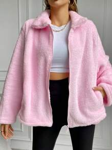 RueChic Chaqueta De Mujer De Hombro Caído De Color Sólido Y Peluda - Rosa - Ver 5