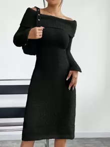 SHEIN Unity 女款露肩毛衣連身裙 - 黑色 - 查看 3