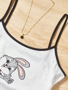 大尺碼女兔印花吊帶背心上衣和短褲/長褲睡衣套裝 - 彩色 - 查看 3