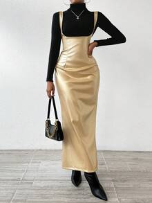 SHEIN Privé 女士金屬吊帶連身裙 - 金色 - 查看 6