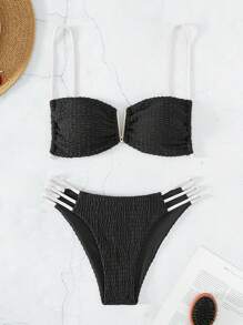 SHEIN Swim Summer Beach Women's Texture Fabric Hollow Out Two-Piece Bikini Set - Black and White - View 1
