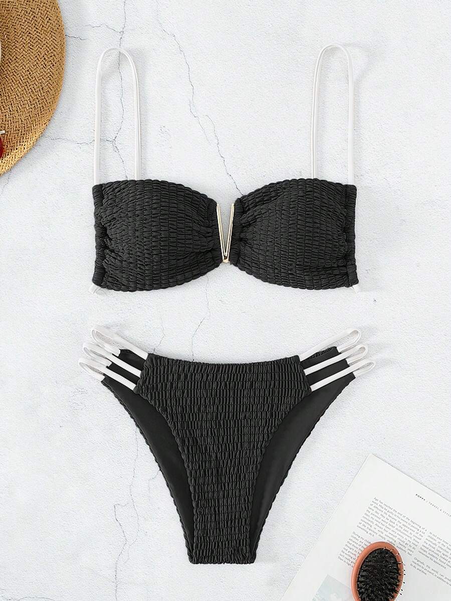 SHEIN Swim Summer Beach Women's Texture Fabric Hollow Out Two-Piece Bikini Set - Black and White - View 1