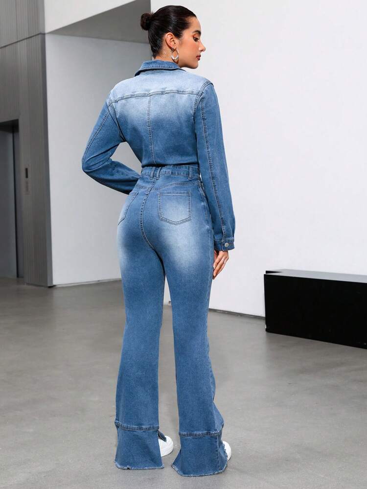 Denim Zipper Long Sleeve Jumpsuit