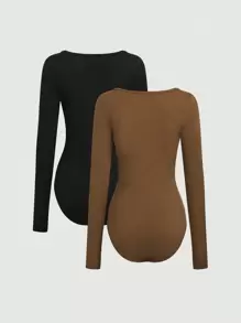 Sweetra Solid Color Long Sleeve Bodysuit - Coffee Brown - View 2