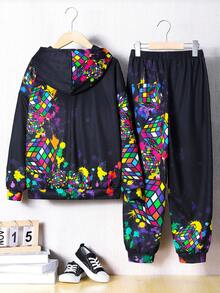 SHEIN 男孩休閒彩印連帽衫和針織褲套裝 - 彩色 - 查看 2