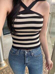 DAZY Women's Striped Halterneck Tight Knit Top