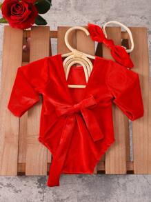 Baby Girls Solid Bodysuit & Headband Photography Set - Red - View 7