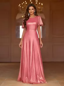 SHEIN Belle Backless Flared Sleeve Evening Party Dress - Pink - View 5