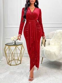 SOLERSUN Treo Chi tiết Tay áo dài Sáng bóng Nhung Đầm - Đỏ - Xem 6