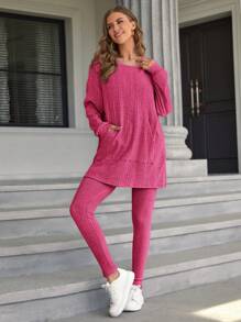 SHEIN Essnce 袋鼠口袋t恤與緊身褲2件套 - 玫紅色 - 查看 5