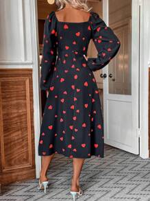 SHEIN Clasi 心形印花愛心領連衣裙 - 黑色 - 查看 2