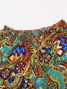 Women's Printed Frill Hem Off Shoulder Blouse With Ruffle Sleeves - Brown - View 3