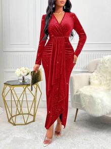 SOLERSUN Treo Chi tiết Tay áo dài Sáng bóng Nhung Đầm - Đỏ - Xem 3