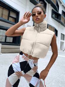 SHEIN EZwear Casual Sleeveless Cropped Padded Padded Coat, Solid Color, Versatile For Winter Clothes - Beige - View 4