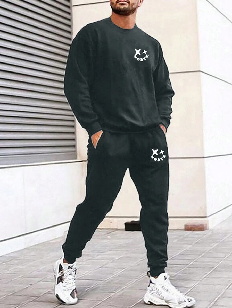 EURMUSE Men Cartoon Graphic Sweatshirt & Sweatpants - Dark Grey - View 1