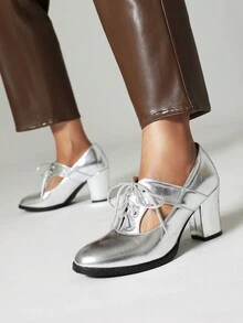 2024 Mùa Xuân & Mùa thu Hàng mới đến Quý cô Dày Gót chân Chóp giầy tròn Giày nữ Baotou , đá Kết cấu Đặc biệt Chất vải , Ở giữa Xu hướng: Cắt giảm , Đúng mốt & Linh hoạt Cao gót Giày dép Với Lace-up - Bạc - Xem 2