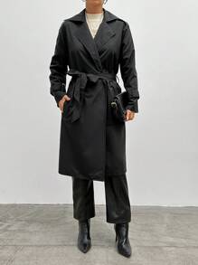 EURMUSE Black Long Trench Coat - Black - View 4
