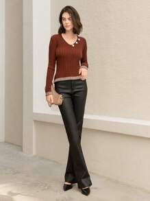 SHEIN Unity V-Neck False Button Long Sleeve Sweater Knit Pullover Fall Winter Outfit - Chocolate Brown - View 3