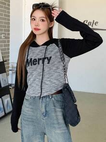 DAZY 女士连帽字母印花T恤，秋季长袖女式上衣图案T恤 - 深灰色 - 查看 4