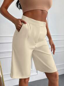 EURMUSE High Waist Plicated Detail Bermuda Shorts - Beige - View 3