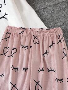 Cô gái Slogan In Tay áo dài Áo thun Và Quần Trang phục mặc nhà Bộ - trắng - Xem 7