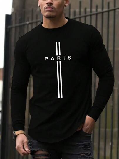 Manfinity Dauomo Men's Striped T-Shirt With Letter Print, For Fall