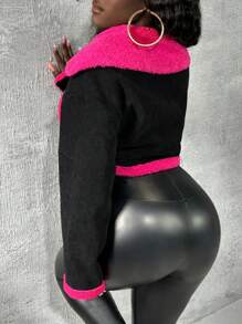 Slaydiva Tương phản Paneled Lông dê con Quần skinny Áo khoác - Nhiều màu - Xem 3