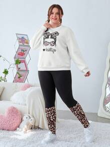 SHEIN EZwear Plus Size Women's Letter Printed Long Sleeve Sweatshirt And Pants Set - Multicolor - View 5