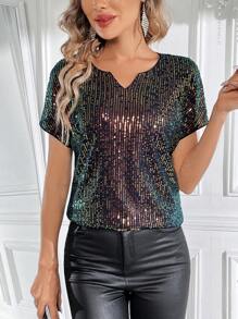 SHEIN Clasi 女款亮片蝙蝠翼短袖襯衫 - 黑色和金色 - 查看 3