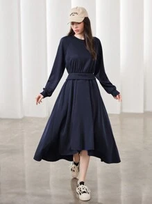 Seusyu Women'S Round Neck Raglan Sleeve Dress - Navy Blue - View 1