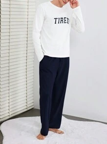 SHEIN Cottnline Men'S Letter Print Long Sleeve Top And Pants Homewear Set - Navy Blue - View 3