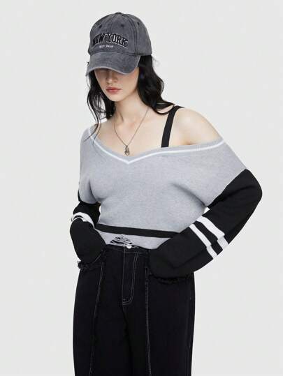 Grunge Punk College Style Color Block V-Neck Sweater With Drop Shoulder And Long Sleeves