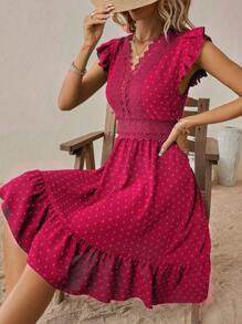 SHEIN Clasi Vestido de lunares panel con encaje bajo con fruncido - Burdeos - Ver 3