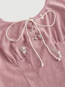 SHEIN MOD Floral Embroidery Self-tie Front Sleeveless Dress - Pink - View 3