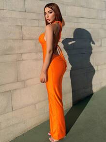 Zolique 纯色露背连衣裙露背连衣裙长款女士服装 - 橘色 - 查看 6