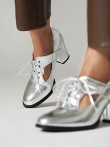 2024 Mùa Xuân & Mùa thu Hàng mới đến Quý cô Dày Gót chân Chóp giầy tròn Giày nữ Baotou , đá Kết cấu Đặc biệt Chất vải , Ở giữa Xu hướng: Cắt giảm , Đúng mốt & Linh hoạt Cao gót Giày dép Với Lace-up - Bạc - Xem 3