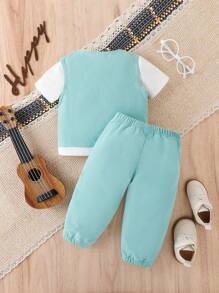 Baby Boys' Flip Detail Vest Jacket, Short Sleeve T-Shirt And Pants 3pcs Outfits - White - View 2