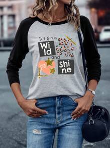 Women's Leopard Print & Letter Printed Raglan Sleeve Long Sleeve T-Shirt - Grey - View 1
