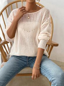 SHEIN LUNE Vòng cổ Màu thuần Giải trí Áo chui đầu Áo len - Màu be - Xem 4