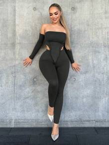 SHEIN SXY Asymmetric Hemline, Off-shoulder Top & Leggings Two Piece Set With Stitched Edge Detail - Black - View 1