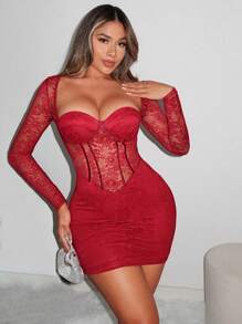 SHEIN SXY 雞心領口緊身上衣蕾絲緊身洋裝 - 紅色 - 查看 3