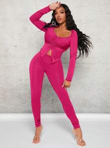 SHEIN SXY Quý cô Màu thuần Áo Và Quần Bộ - Màu Hồng Tươi - Xem 5