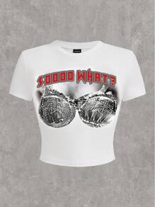 SHEIN EZwear 休闲简约图案短袖圆领修身女式T恤，适合夏季 - 白色 - 查看 1