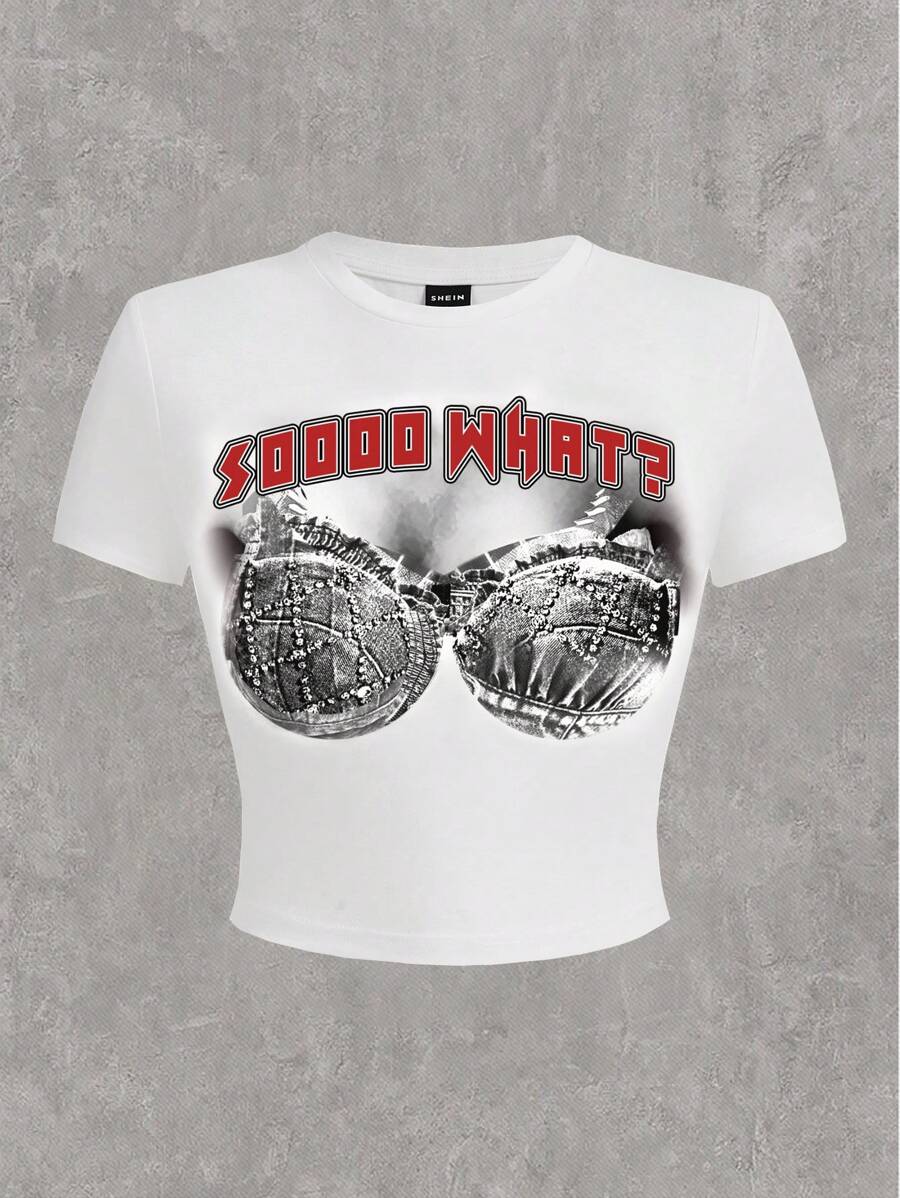 SHEIN EZwear 休闲简约图案短袖圆领修身女式T恤，适合夏季 - 白色 - 查看 1