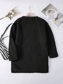SHEIN LUNE Plus Dual Pocket Teddy Sweatshirt - Black - View 2