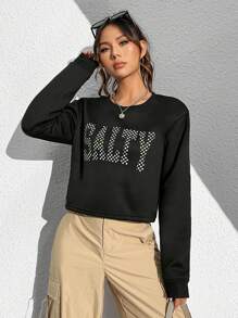 SHEIN Unity Áo nỉ ngắn tay nữ dày dặn in chữ, kiểu dáng mùa thu. - màu đen - Xem 5