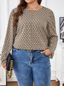 SHEIN Frenchy 大尺碼花卉印花蕾絲拼接長袖襯衫 - 卡其色 - 查看 3