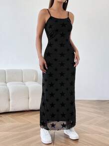 SHEIN EZwear Của phụ nữ Hình sao Đổ xô Lưới Váy Dây - trắng - Xem 3