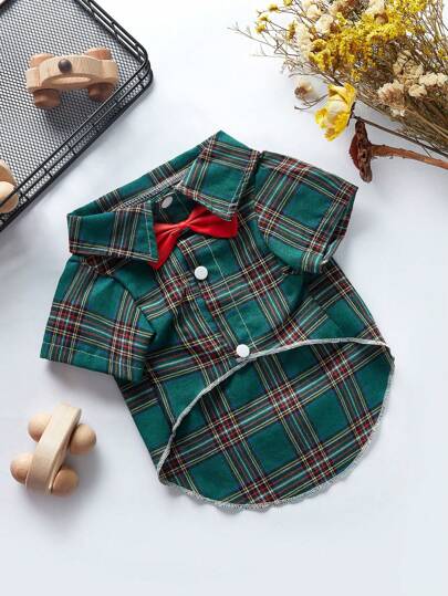 PETSIN Christmas Green Plaid Bow Tie Formal Pet Shirt