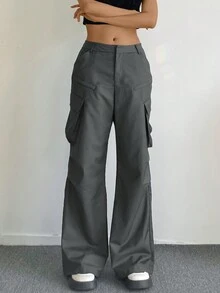 Solid Color Simple Cargo Trousers - Grey - View 5